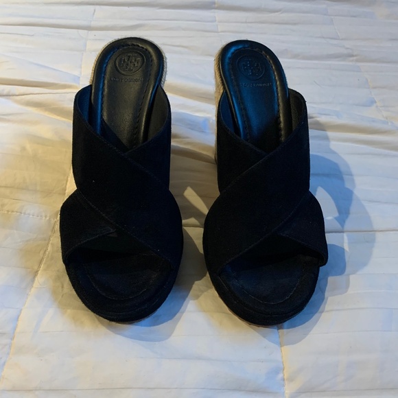 Tory Burch Black Suede Leather Platform Wedge Slides sz 8.5 M - Picture 1 of 8